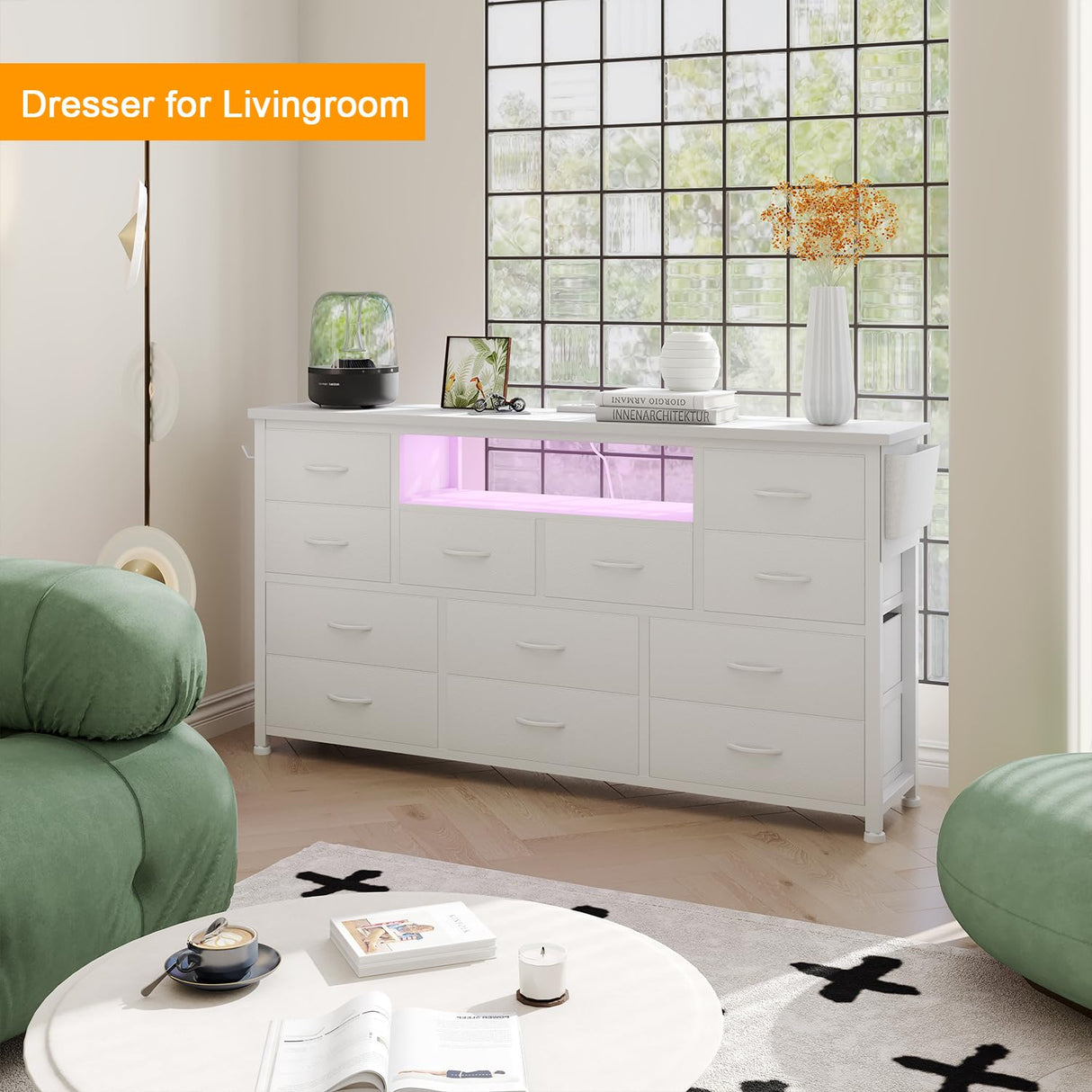 LIVEHOM Dresser TV Stand with Power Outlet & LED for 45'' TV, Long Dresser for Bedroom with 12 Drawers, Wide Console Table for Storage in Closet, Living Room, Entryway, Wood Top LIVEHOM