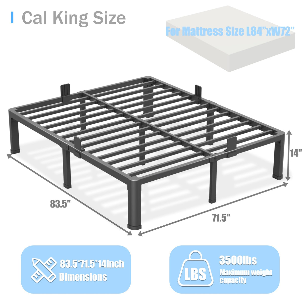 Yitong Angel 14 inch California King Bed Frame with Round Corner Legs Mattress Slide Stopper,3500 lbs Heavy Duty Metal Platform,Steel Slat Support,No Box Spring Needed,Easy Assembly,Noise Free Yitong Angel