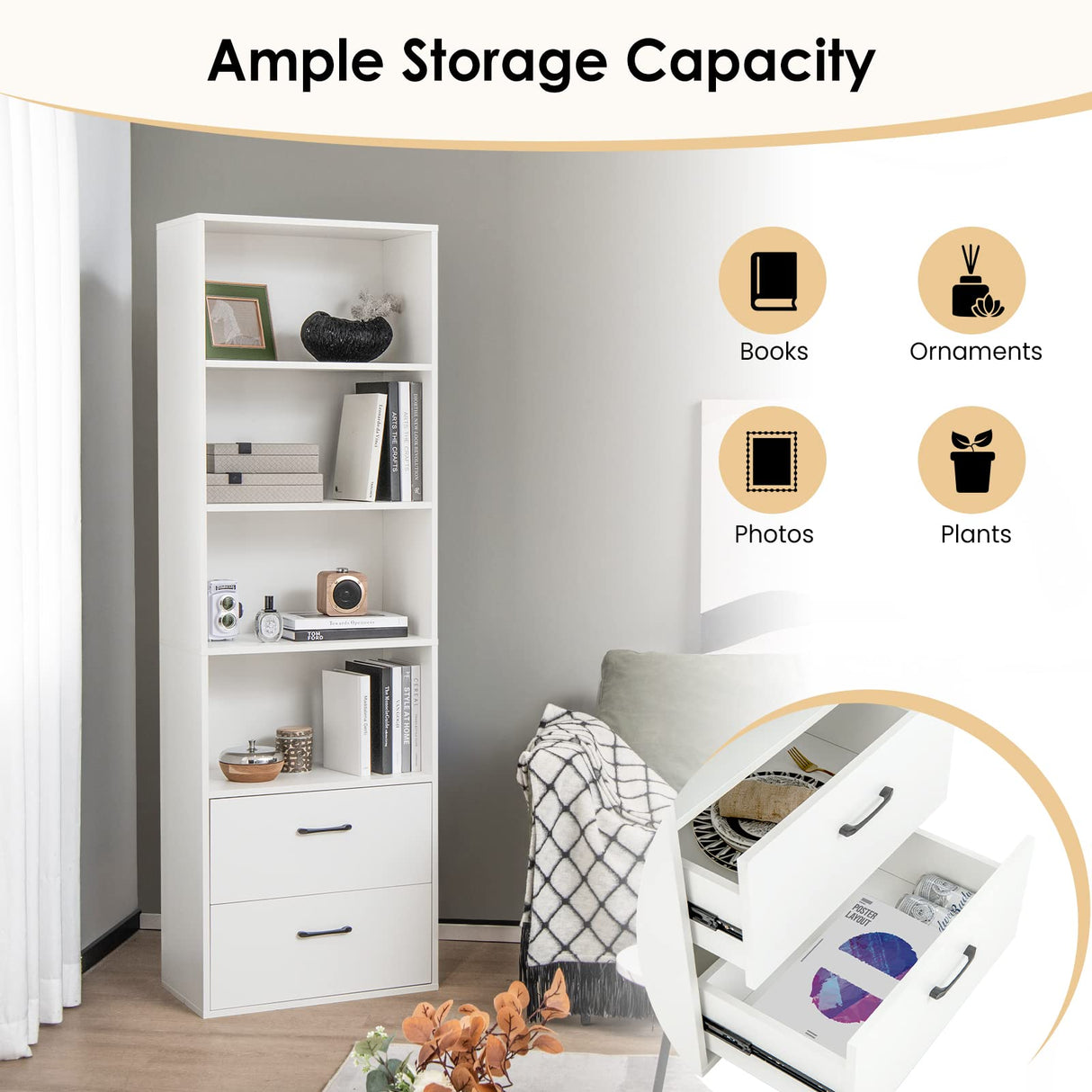 LOKO Modern 74-Inch Tall Bookcase with 2 Drawers & 4 Open Shelves in White LOKO