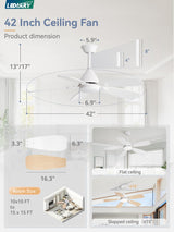 LEDIARY Ceiling Fans with Lights,42 inch Ceiling Fans with Lights and Remote,3CCT,6 Speeds,Reversible DC Motor,Noiseless,Small White Ceiling Fan for Bedroom Farmhouse and Patio,Indoor/Outdoor Use LEDIARY