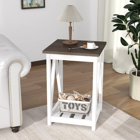 ChooChoo Farmhouse End Table, Rustic Vintage End Side Table with Storage Shelf for Small Spaces, Nightstand Sofa Table for Living Room, Bedroom White 2 Pack ChooChoo