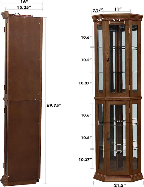 czczgx Lighted Wooden Corner Display Curio Cabinet, Curved Shelving Unit with Adjustable Shelves and Mirrored Back Panel, Tempered Glass Doors for czczgx
