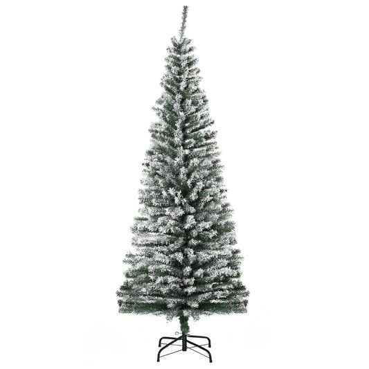 HOMCOM 6' Tall Unlit Snow-Flocked Slim Artificial Christmas Tree with Realistic Branches and 492 Tips