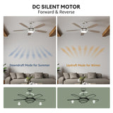 52 Inch Nickel Ceiling Fans with Lights and Remote Control for Bedroom, Modern Ceiling Fan with Quiet Reversible DC Motor, 3CCT, Dimmable, LED for Living Room, Patio, Indoor and Outdoor Fanbliss