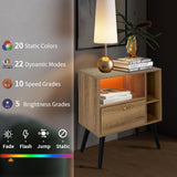 VIWODS Nightstand with Charging Station and LED Lights, Bedside Table with Solid Wood Legs for Bedroom, Oak and Yellow VIWODS