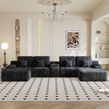 ONEMMLION Cloud Couch Sectional Modular Sofa, 151" Comfy Boneless Couches for Living Room, Oversized U Shape Plush Corduroy Couch Sectional with Console Bluetooth Speaker USB Port Cup Holder, Black ONEMMLION