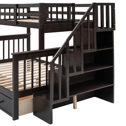 Espresso Twin Over Full Bunk Bed with Storage Drawers and Safety Stairway by Harper & Bright Designs - WoodArtSupply