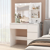 Vabches Makeup Vanity with Lights, 37inch Vanity Desk with Power Strip, 4 Drawers Makeup Table with Lighted Mirror, 3 Lighting Colors, White Vabches