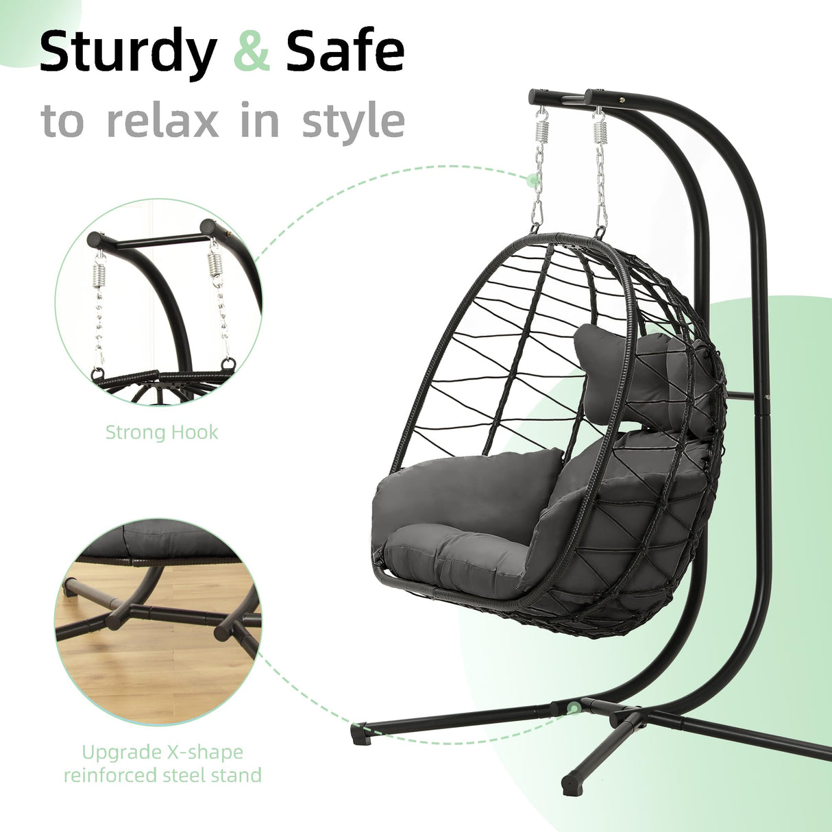 Double Egg Chair wth Stand Hammock Swing Chair Foldable Hanging Loveseat, UV Resistant Removable Cushions, 700LBS Capacity for Bedroom, Balcony, Garden(BK-GR) DoubleTT