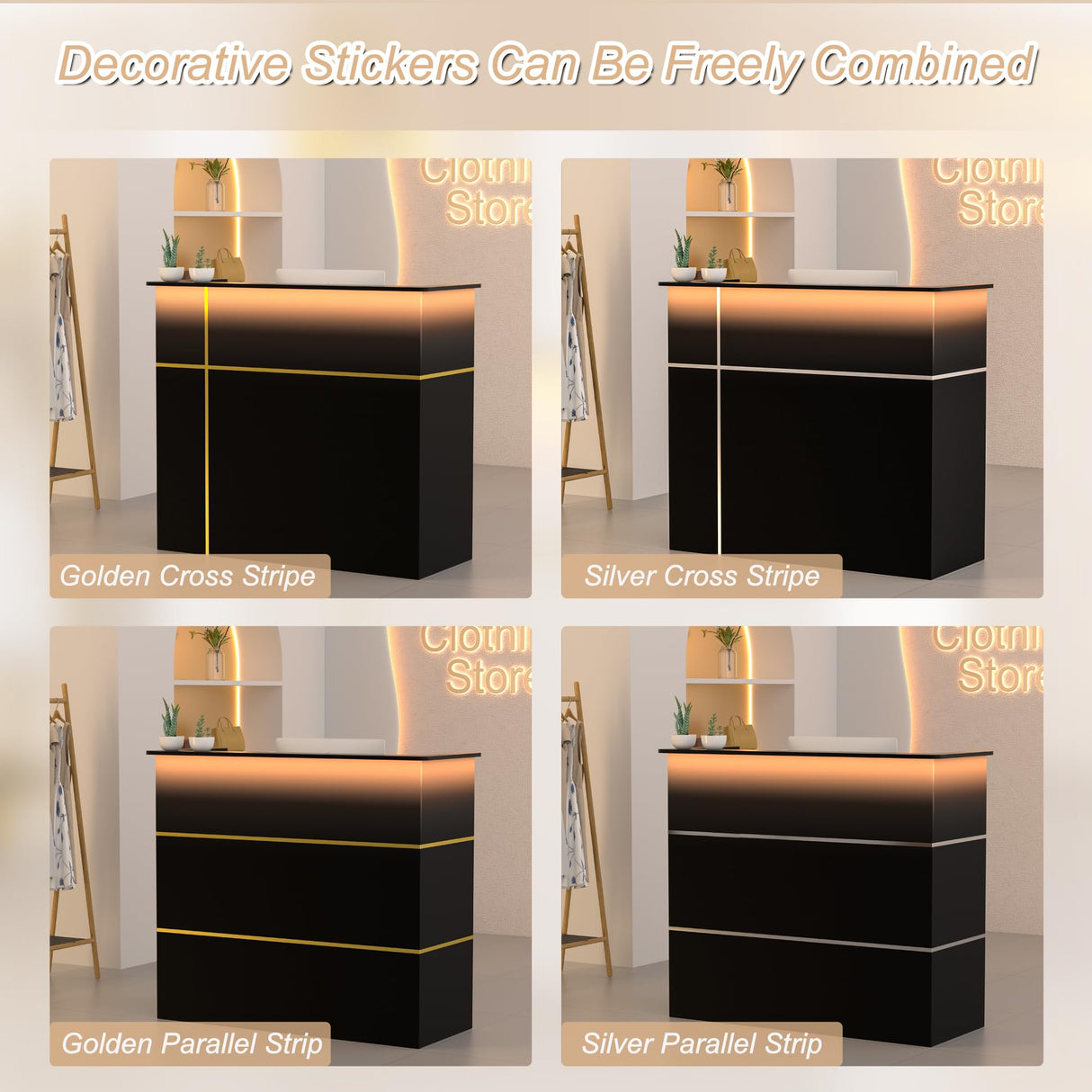 AHB Reception Desk with Counter, Modern Front Table Equipped Lockers & Storage Shelves, 50-inch Checkout Counter with LED Lights & DIY Stripe for Lobbies, Salons, Retail, Home Offices, Reception Room AHB