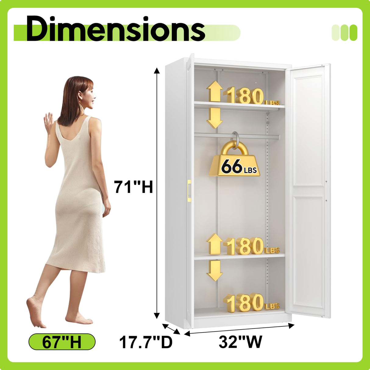 UNICOLY Armoire Wardrobe Closet with Doors, 71'' Wardrobe Cabinet with Hanging Rod, Metal Closet with 2 Adjustable Shelves for Bedroom School, Employee, Gym, Armarios De Ropa para Dormitorio, White UNICOLY