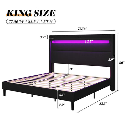 AMERLIFE LED Wingback King Bed Frame with USB Ports & Storage in Black - WoodArtSupply