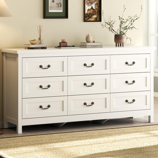 Loomie 9 Drawer Triple Dresser for Bedroom, 63" Dresser TV Stand for TVs up to 75",Wide Chest of Drawers,Large Storage Long Dressers Organizer with Vintage Pull for Bedroom,Living Room (White - WoodArtSupply