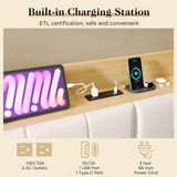 LUXOAK Queen Size Padded Upholstered Bed Frame with Headboard, Platform Bed Frame with 4 Storage Drawers & Private Storage, Bookcase Bed Frame with Charging Station, No Box Spring Needed, Maple LUXOAK