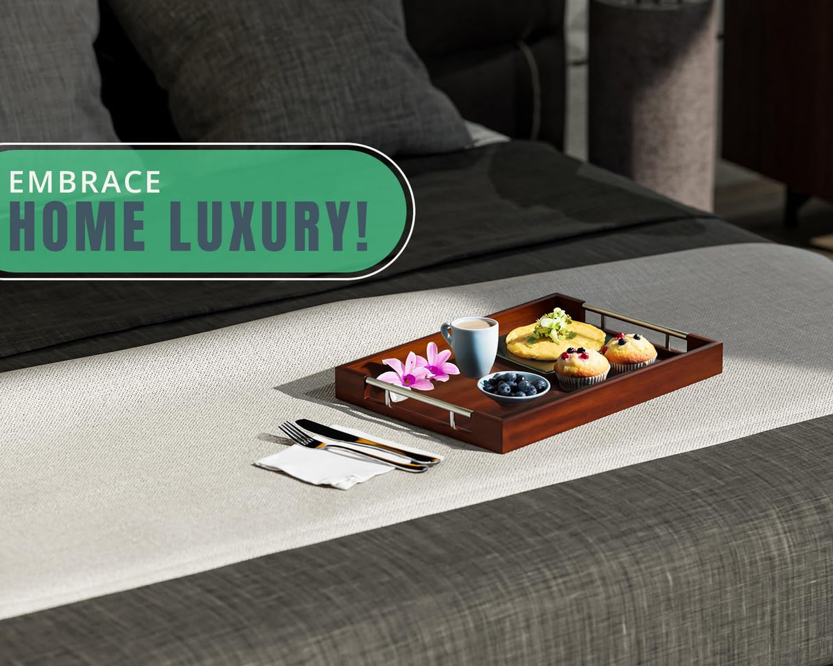 Set of 2 Decorative Serving Trays - Bamboo + Silver Stainless Steel Handles - Coffee Table or Ottoman Tray for Breakfast in Bed Jewelry, Decor Organization - 12"x17" - Stained Brown Finish Comfify