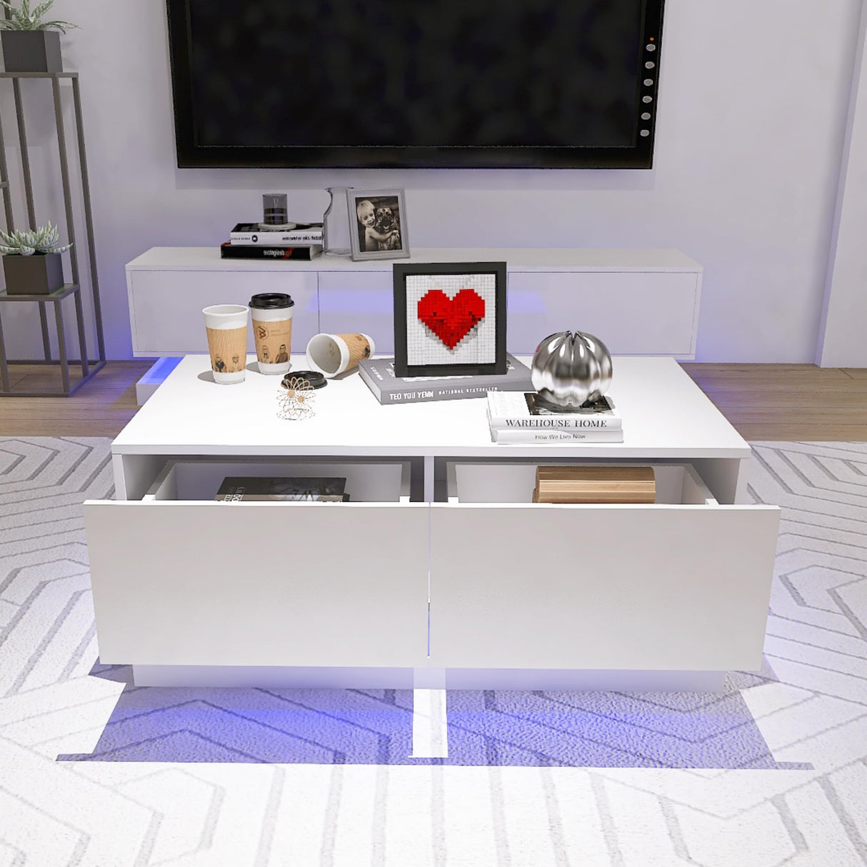 GlowSpark LED Coffee Table, LED Coffee Tables for Living Room, High Gloss Coffee Table with 16 Colors LED Lights, Modern White Coffee Table with Drawers, 4 Flashing Modes, Buletooth Control GlowSpark