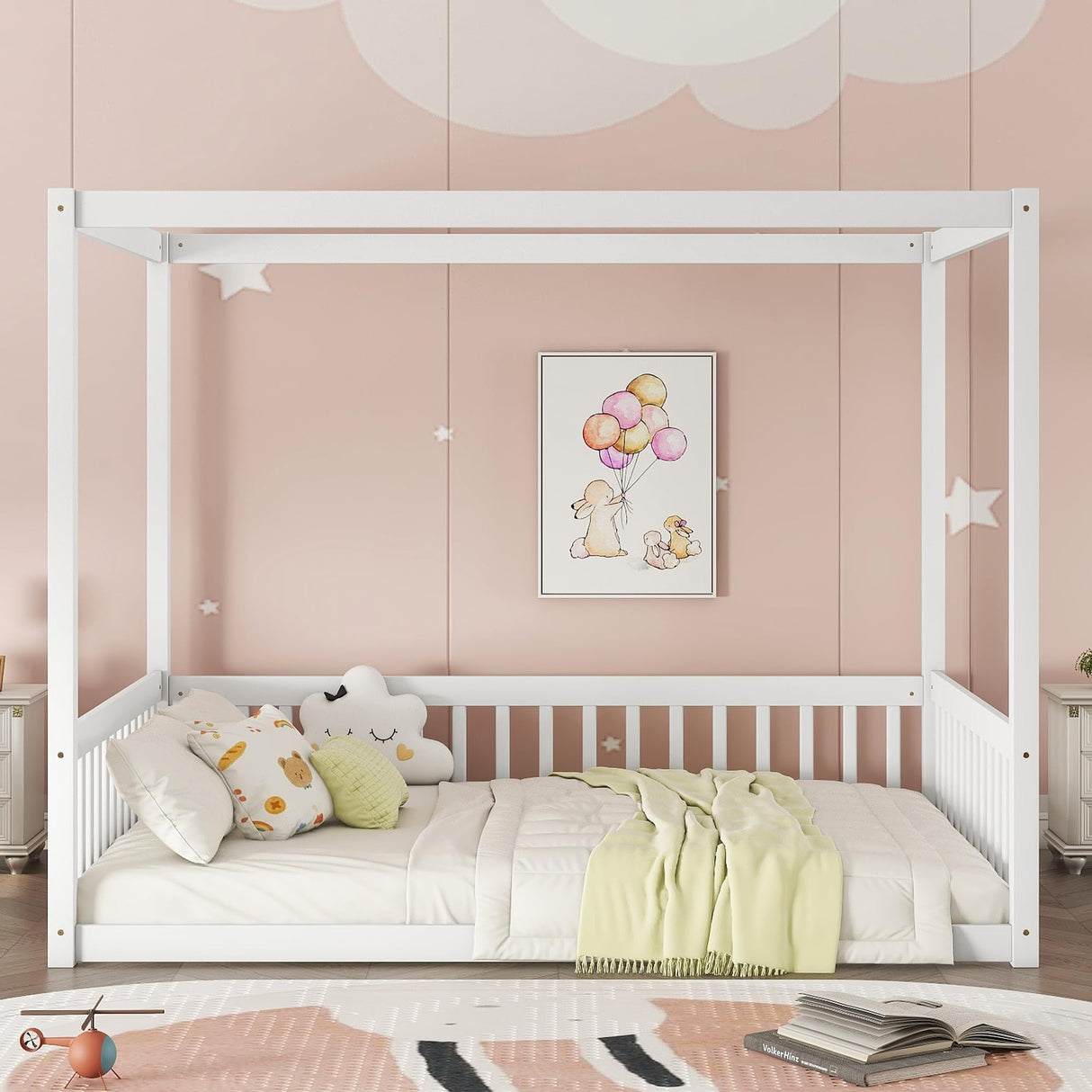 Full Size Canopy Bed Frame with Guardrails for Kids,Floor Bed Full with Four Poster Design,Kids Montessori Floor Bed,Wood Canopy Bed Frame for Girls,Boys(Full,White) Bellemave