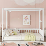 Full Size Canopy Bed Frame with Guardrails for Kids,Floor Bed Full with Four Poster Design,Kids Montessori Floor Bed,Wood Canopy Bed Frame for Girls,Boys(Full,White) Bellemave