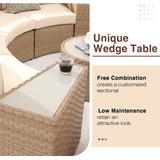 SUNSITT Outdoor Patio Furniture 11-Piece Half-Moon Sectional Round Patio Furniture Set Curved Outdoor Sofa with Tempered Glass Round Coffee Table, 4 Pillows, Natural Color Rattan SUNSITT