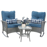 VONZOY Patio Furniture Set 3 Pieces, Wicker Rocking Bistro Set with Thick Cushions, Outdoor Rocker Chairs and Coffee Table for Porch, Backyard or Garden (Blue) VONZOY