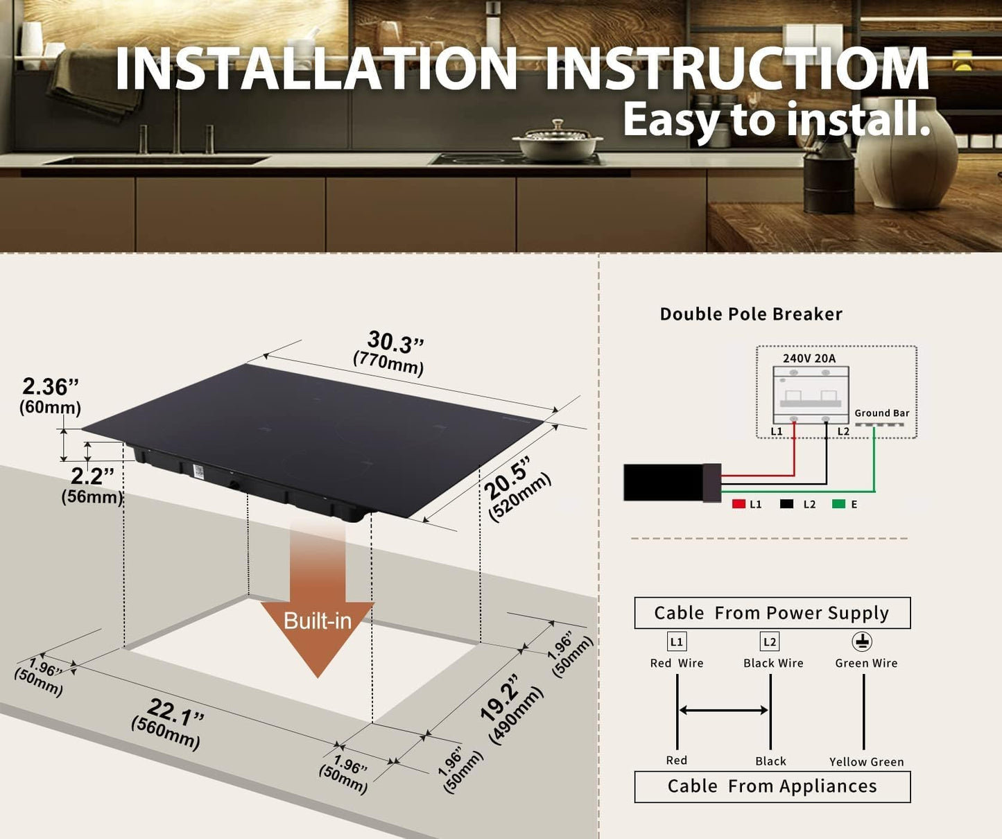 Induction Cooktop 30 Inch with 4 Burners Built-in Induction Electric Stovetop with Boost/Timer & Child Safety Lock/9 Power Levels 7000W (NO PLUG)