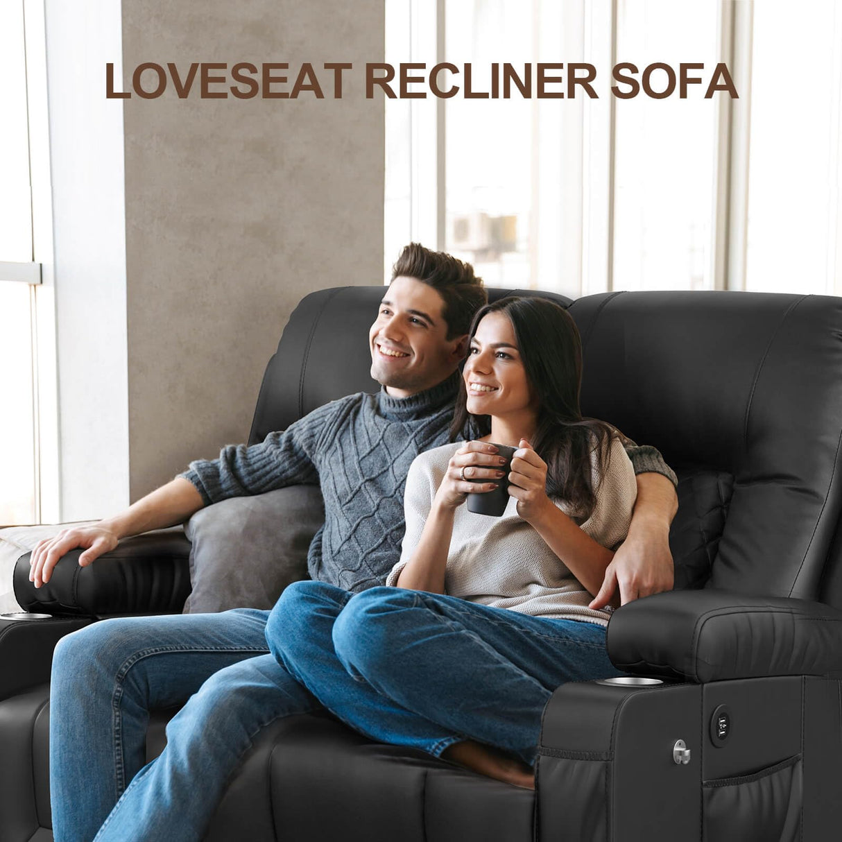 FURNIMAT Loveseat Recliner Sofa, 2 Seater Reclining Loveseat Sofa, PU Leather Recliner Loveseat Couch, Modern Recliner Chair for Living Room, with Cup Holder and 2 Cell Phone Holder, USB Ports, Black FURNIMAT