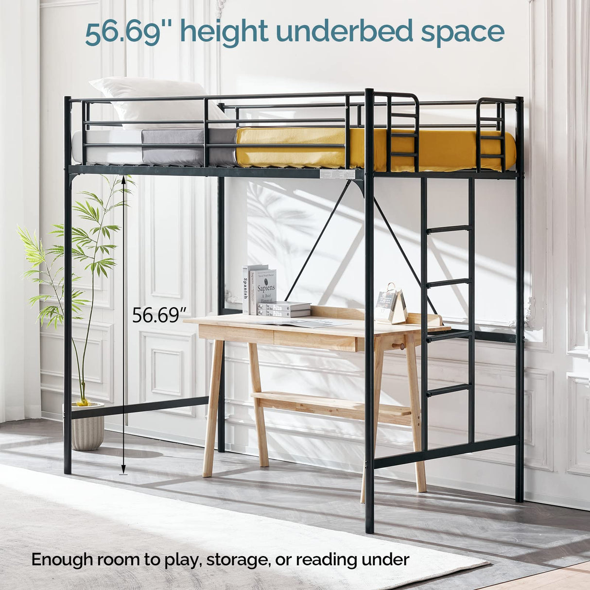 VINGLI Twin Loft Bed with Stairs - Sturdy Metal Bunk Bed with Safety Guard Rails in Black VINGLI
