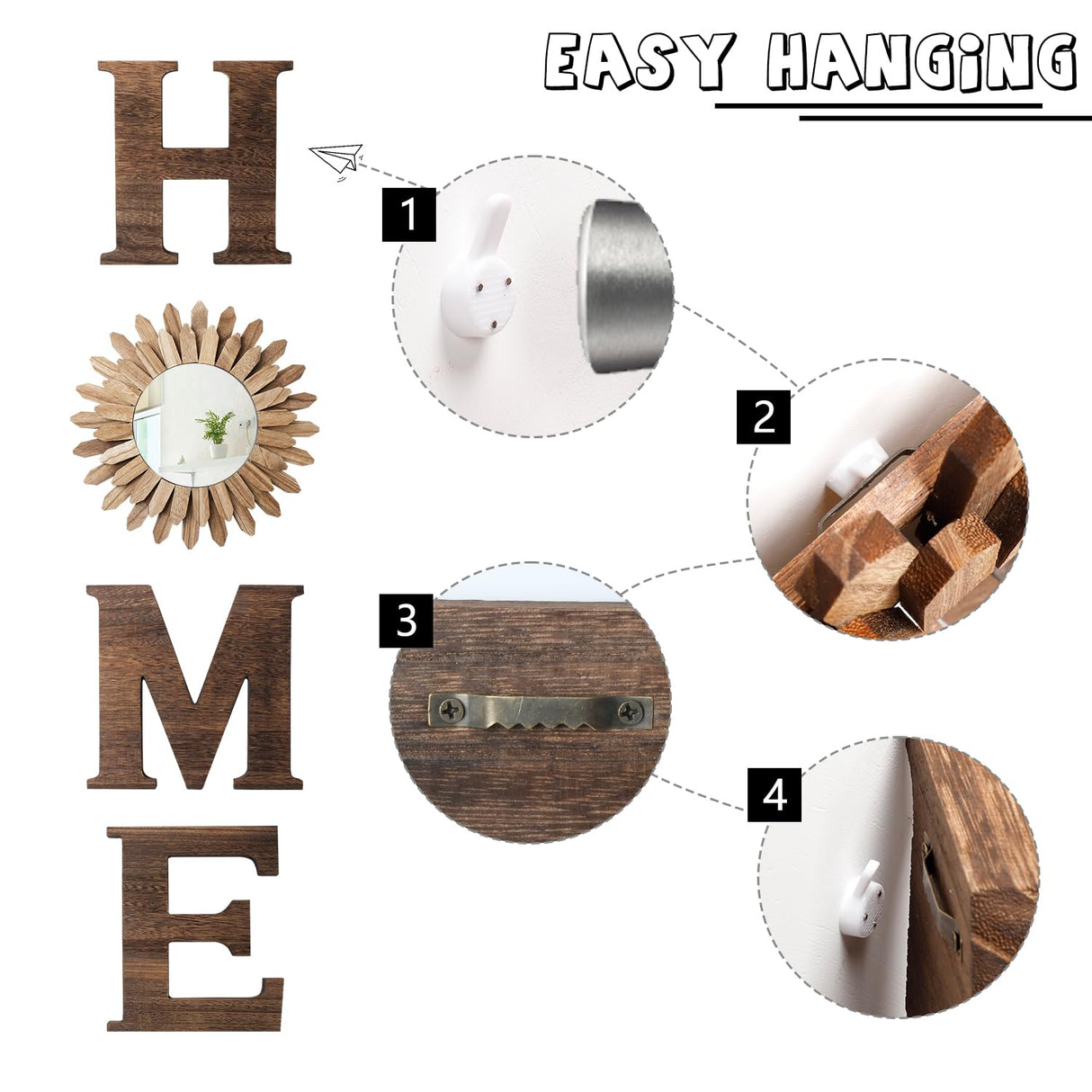 CHIF HAUTH Wood Home Sign with Sunflower Shaped Wood Mirror for O, Thick Home Letters for Wall Art, Rustic Home Decor, Home Wall Decor Hanging Farmhouse Wall, Living Room, Kitchen, Entryway CHIF HAUTH