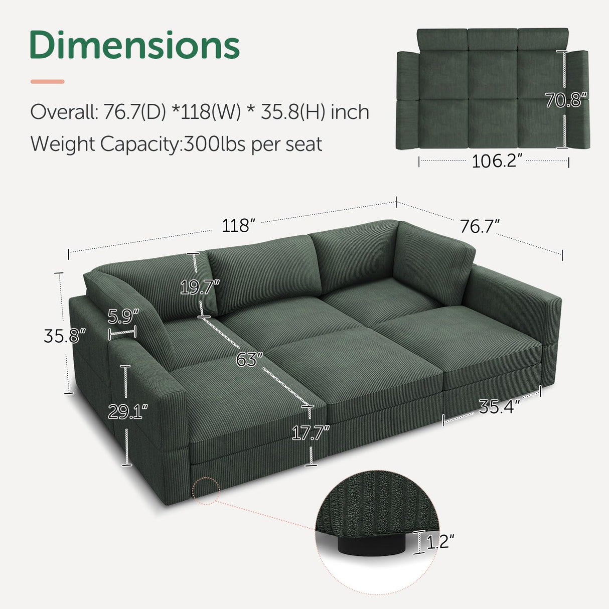 HONBAY Modular Sectional Sofa with Storage Corduroy Sectional Sleeper Sofa Modular Sectional Couches for Living Room,Green HONBAY