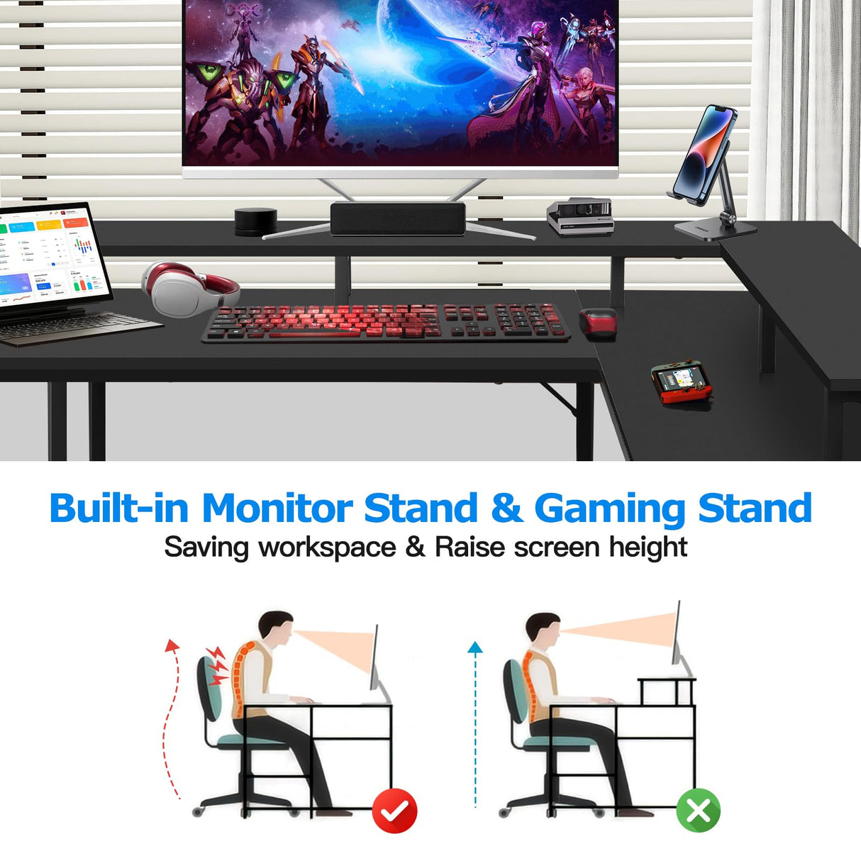 Panana 53.5" L Shaped Computer Desk Gaming Desk with LED Lights and Power Outlets, Reversible L Shaped Corner Desk with Monitor Stand, Home Office Desk with Shelf and USB Port (Black) Panana
