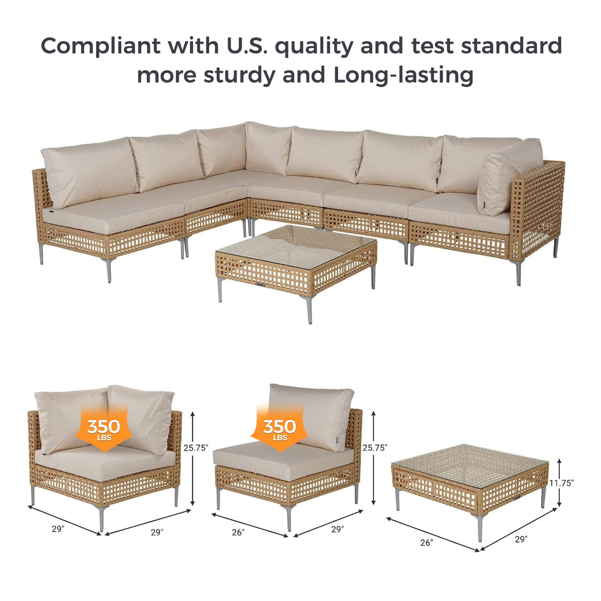 Grand patio 7-Piece Wicker Patio Furniture Set, All-Weather Boho Outdoor Conversation Set Sectional Sofa with Water Resistant Beige Thick Cushions and Coffee Table Grand patio