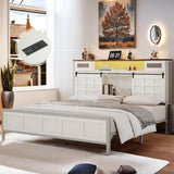 YITAHOME Farmhouse Bed Frame King Size, 49.14" Tall Storage Headboard, Led Light & Charging Station, Sliding Barn Door, Wooden Platform Bed Frame, Metal Slats Support, No Box Spring Needed, White YITAHOME