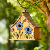 Glitzhome 10.75" L Distressed Solid Wood Hanging Birdhouse with 3D Flowers Rustic Two-Story Townhouse Hand-Painted Garden Bird Houses for Outdoors,Washed Yellow Glitzhome