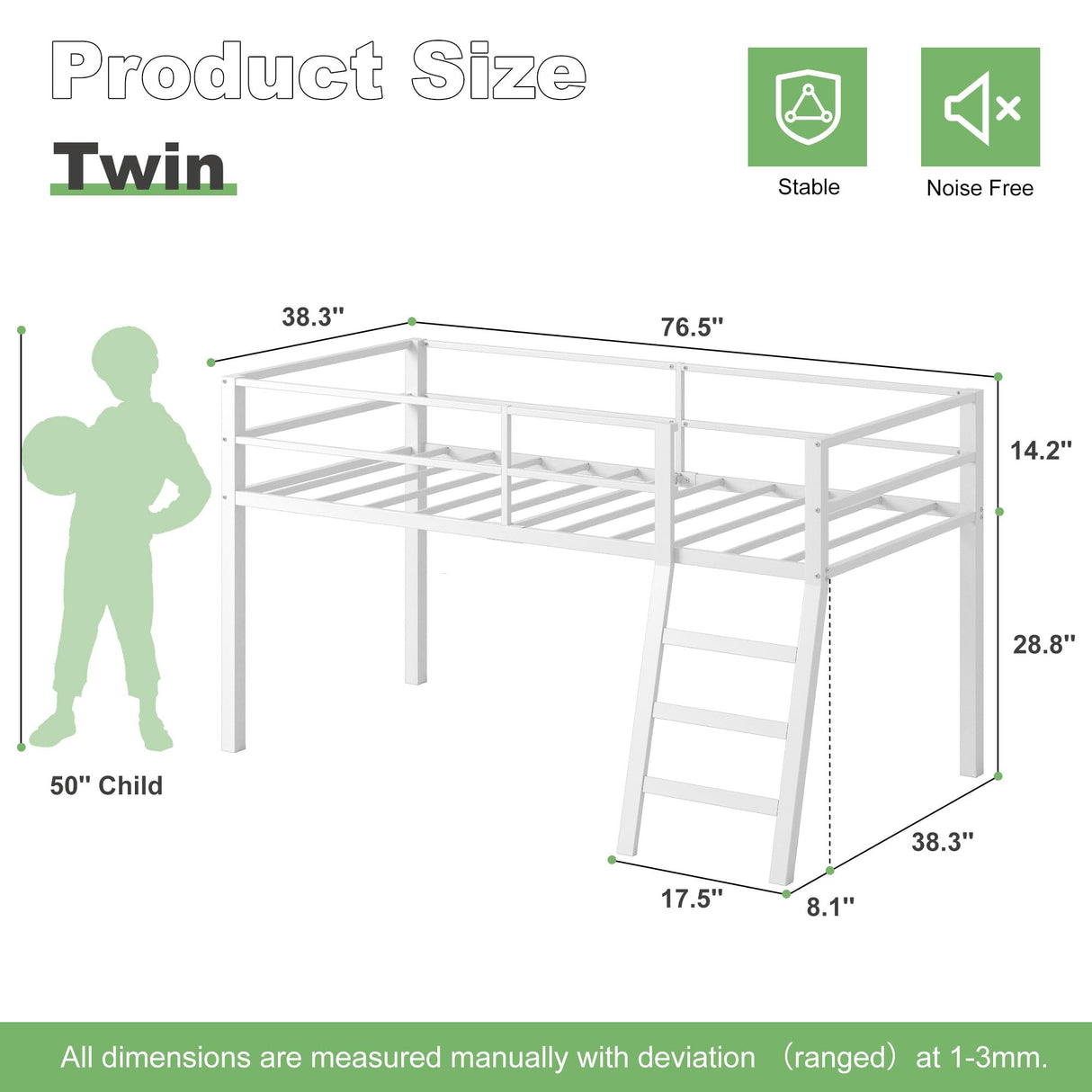 Lutown-Teen Loft Bed Twin Size, Low Junior Metal Twin Loft Bed with Stairs and Safety Guard, Noise Free and Space Saving, White Lutown-Teen