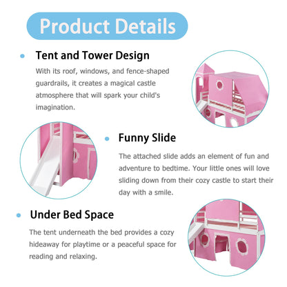 Polibi Twin Size Castle Loft Bed with Slide & Pink Tent and Tower, Playhouse Design Spacious Under Bed Space with Curtains, Wood Tent Bed Frame for Kids Boys Girls