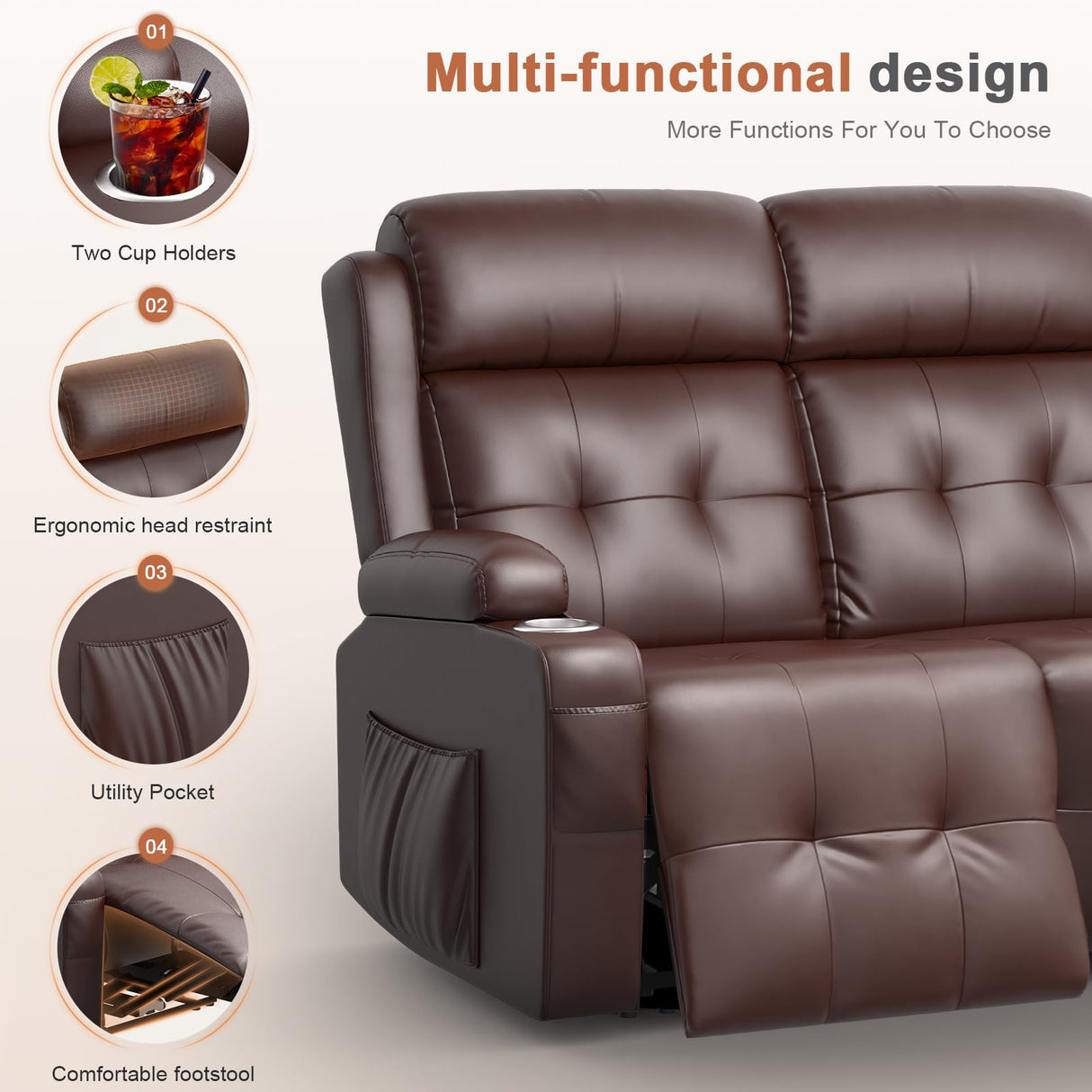 Tiooii RV Loveseat Recliner Sofa, Oversized Massage Wall Hugger Recliners with Insert Pockets, Cup Holders, Reclining Couch, 150° Adjustable Recline & Padded Armrests, for RV Furniture & Living Room Tiooii