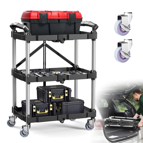 Folding Utility Carts with Wheels, Foldable Service Cart, Mobile Folding Collapsible Rolling Cart Free 2 Spare Brake Wheels, Foldable Cart Portable Perfect for Storage School Warehouse Office Home Sturdon
