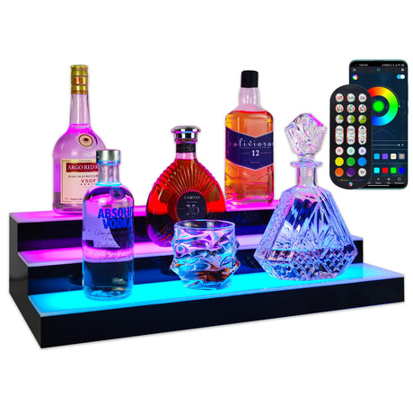 GOH&FTY LED Lighted Liquor Bottle Display Shelf,APP 24inche 3Step LED Bar Shelf with Wireless Remote& Multicolor LED Light,Liquor Shelf for Home Bar Accessories,-24inche3 Tier GOH&FTY