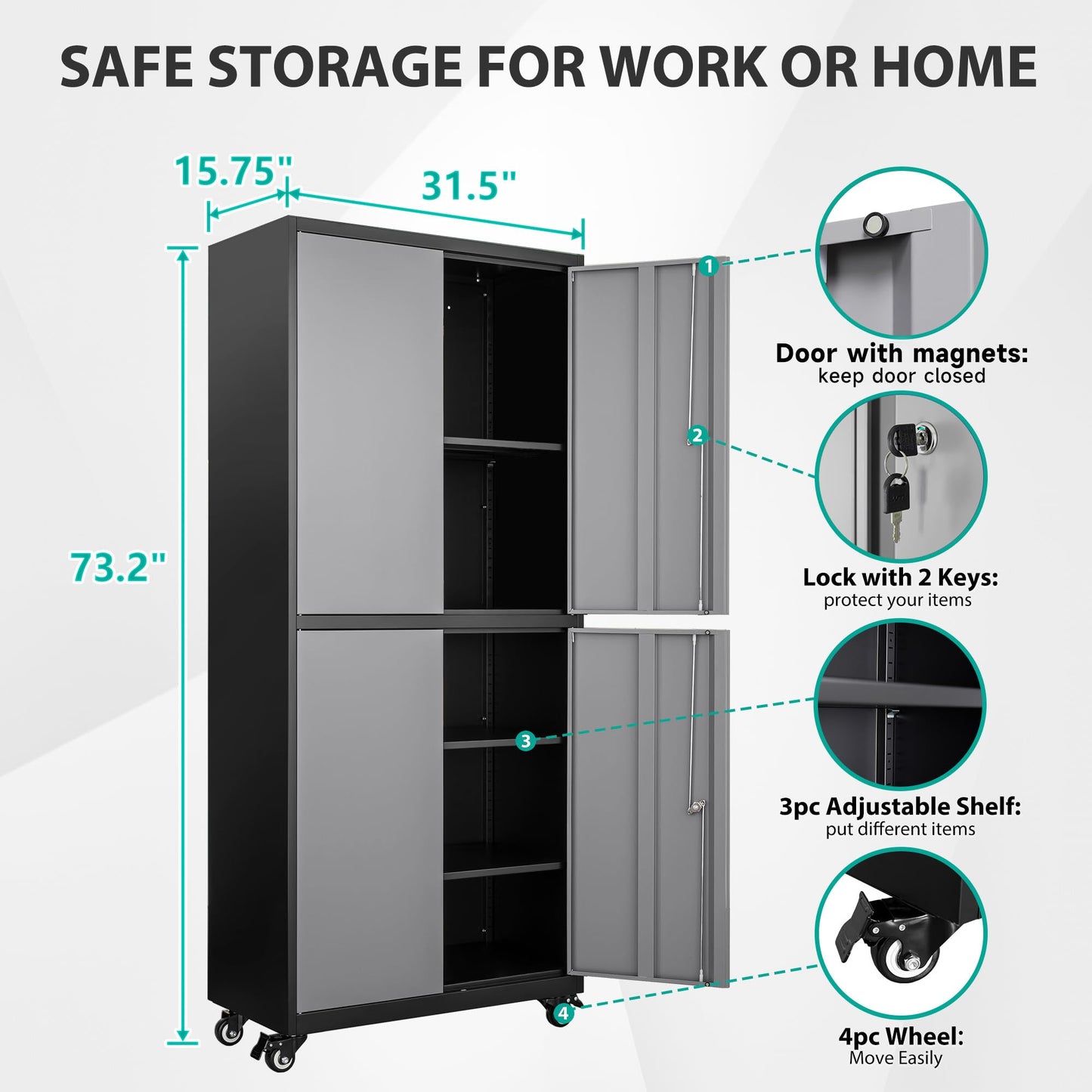 SISESOL Metal Storage Cabinet with Wheels,Rolling Garage Storage Cabinet with Lock,Gray Metal Cabinet with Shelves,Tool Cabinet,Tall Storage Cabinet on Wheels for Garage,Home,Office,Shop - WoodArtSupply