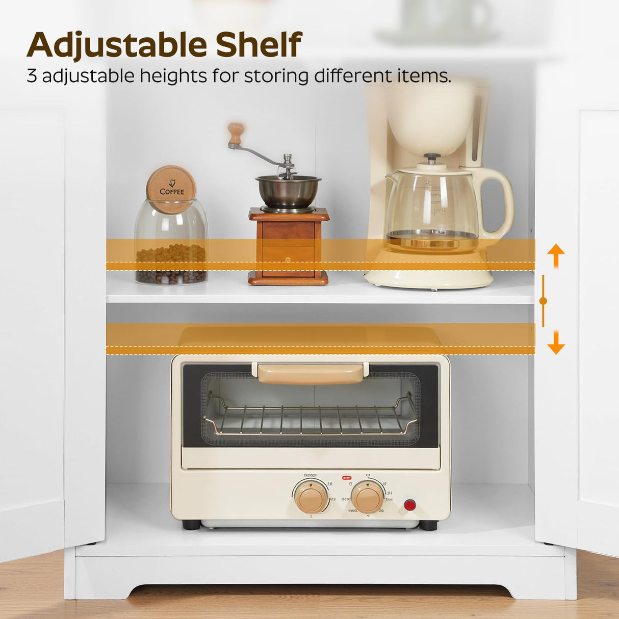 YATINEY Coffee Bar Cabinet, Kitchen Island with Storage, Farmhouse Sideboard Buffet Cabinet with Dual-Purpose Floating Shelf and Hooks, for Kitchen, Restaurant, Living Room, White KF22WT YATINEY