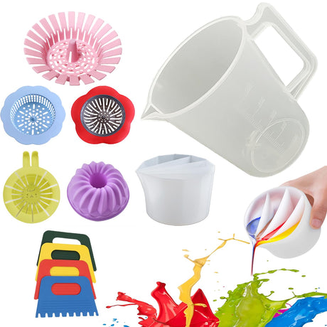Paint Cup With Handle, Silicone Split Cup, Acrylic Pouring Strainers, Scrapers Kit for DIY Paint, Resin Molds, Epoxy Resin Art and Creating Unique Patterns Art Supplies FASALX