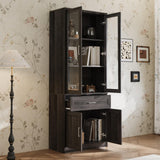 FAMAPY Display Cabinet with 2 Glass Doors, Display Case with Shelves & Drawer for Curio Trophy, Farmhouse Storage Cabinet for Living Room Home Office, Black, 15.7”D x 31.5”W x 79.9”H FAMAPY