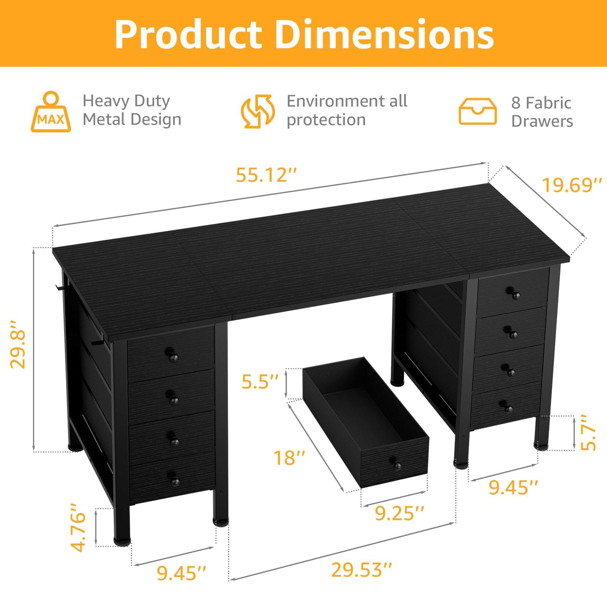 Black Gaming Desk with Drawers on Both Sides, 55 Inch Home Office Computer Study Writing Work PC Desk with 8 Storage Drawers Storage for Bedroom DLisiting