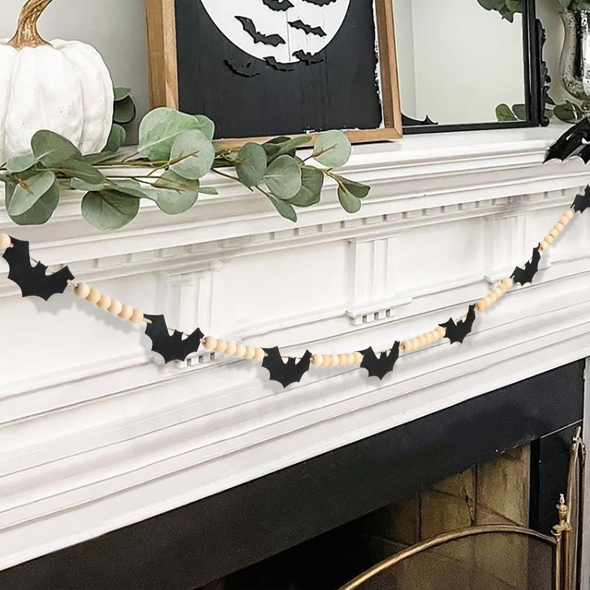 Halloween Decorations-Black Felt Bats Wood Beads Garland for Halloween Decorations Indoor- Farmhouse Felt Banner for Fireplace Mantel Walls FestalMart
