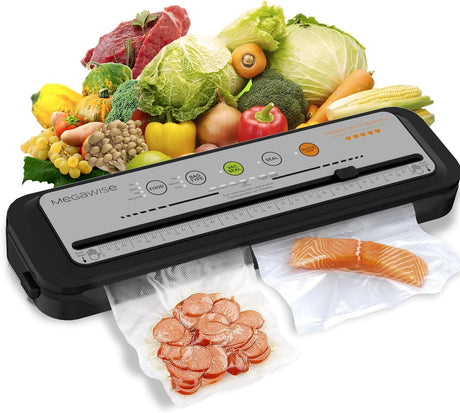 MEGAWISE 2025 Powerful Vacuum Sealer Machine | Compact Design | One-Touch Automatic | Seal in 10-20 Seconds | Dry, Moist, Wet, and Cold Modes | With 10 Vacuum Bags & Built-in Cutter (Grey) MEGAWISE