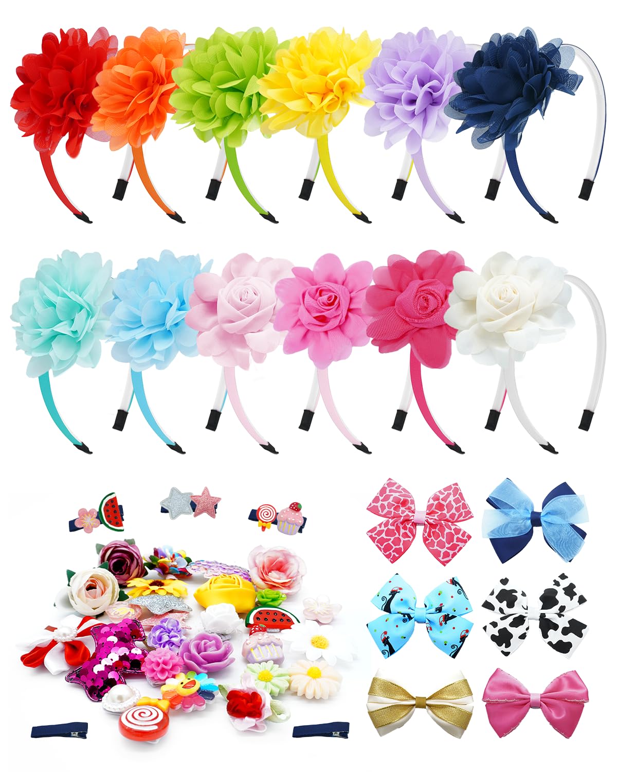 PET SHOW 50 Pack Big Flower Girl Headbands for Litter Girls with Teeth Interchangeable Charms Removable Bows Slip on Head Bands Hair Clips DIY Hair Bands Accessories Making Kit Birthday Gift PET SHOW