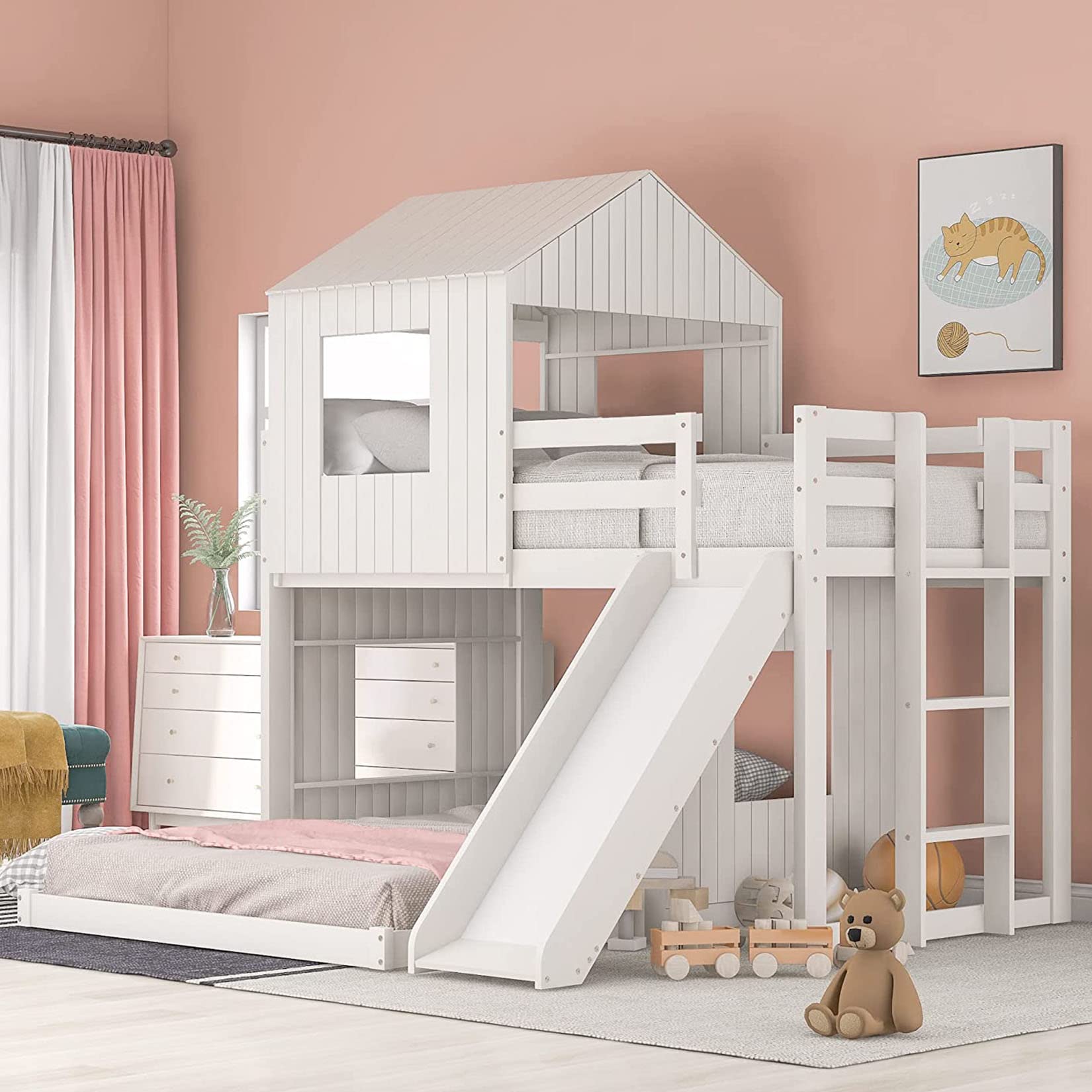 Harper & Bright Designs Twin Over Full Playhouse Bunk Bed with Slide and Roof in White - WoodArtSupply