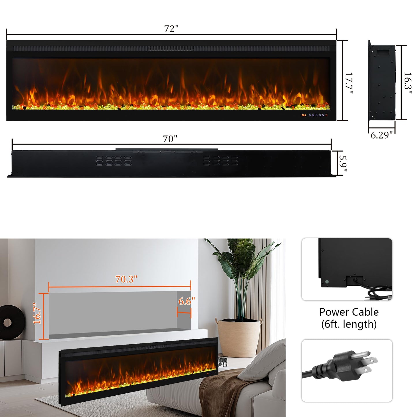 Oxhark Flame Linear Electric Fireplace 72 Inch, APP & Touch Screen & Remote Control, 13X13 Flame Color Combinations, Timer & Thermostat Fireplace Heater