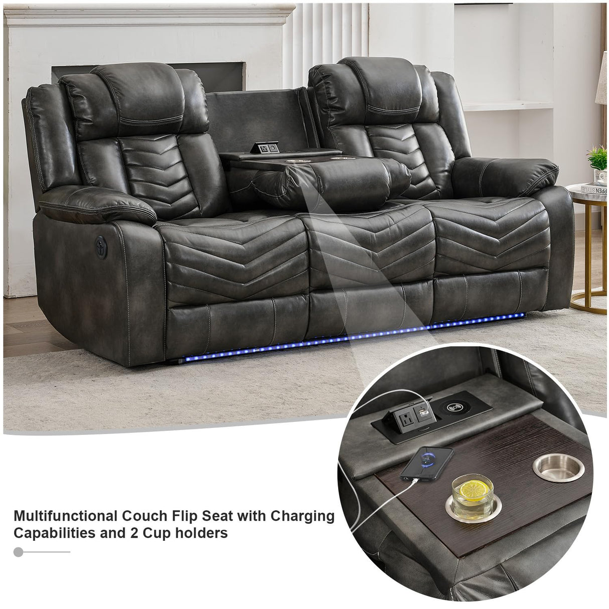 Power Recliner Sofa Set 5-Seater with Zero Gravity,Bass Speaker,Wireless Charger,USB/Type-C Ports,LED Lights,Cup Holders,Faux Leather Electric Reclining Loveseat Couch Recliner Sets,2 Piece,Gray Comfort Stretch