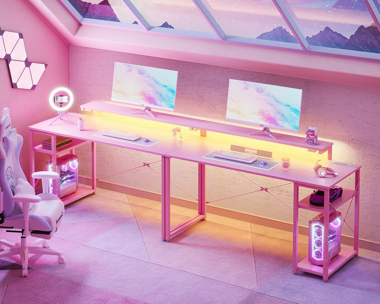 MOTPK Pink Gaming Desk with Led Lights & Power Outlet, 47 Inch Gaming Computer Desk with Shelves, Reversible Gamer Desk Table with Adjustable Monitor Stand & Headphone Hook, Carbon Fiber Texture MOTPK